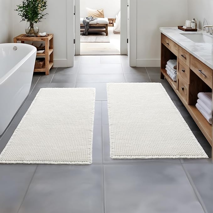 MIULEE Set of 2 Waffle Bathroom Runner Rugs, Boho Bath Rugs Non Slip Washable, Super Absorbent Runner Bath Mats, Rubber Backed Shower Mats for Hallway Bedroom Laundry Room, White, 2'x4'(24x48 Inch)