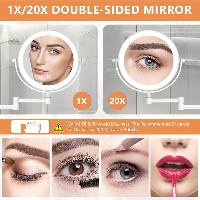 Auxmir 8'' Wall Mounted Lighted Makeup Mirror, 3200mAh Rechargeable Double-Sided 1X/20X Magnifying Mirror with Light, Touch Dimmable 3 Color Light, 360° Rotation Foldable Extended Arm, White