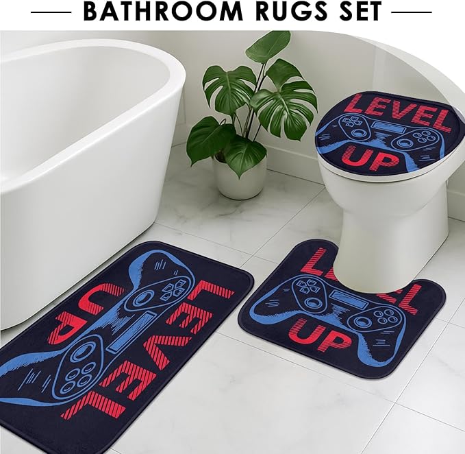 ArtSocket Fun Game Bathroom Set with Shower Curtain and Rugs Accessories, Computer Gamer Child Play Game Shower Curtain, Level Up Bathroom Decor 4 Pcs