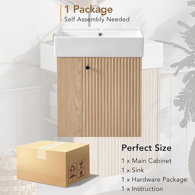 Virubi 21.6 in Floating Bathroom Vanity with Sink,Soft Closing Doors,Solid Wood Frame & MDF Modern Single Small Natural Wood Bathroom Vanity Cabinet with Open Shelf,Wall Mounted