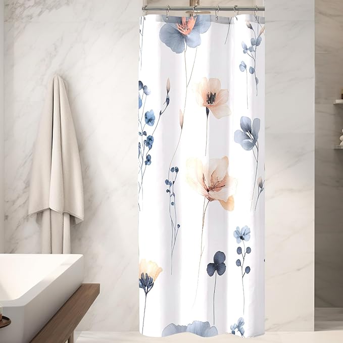 Blue Beige Floral Shower Curtain, Watercolor Flower Shower Curtains for Bathroom, Modern Minimalist Waterproof Fabric Bath Decoration 36x72 Inch