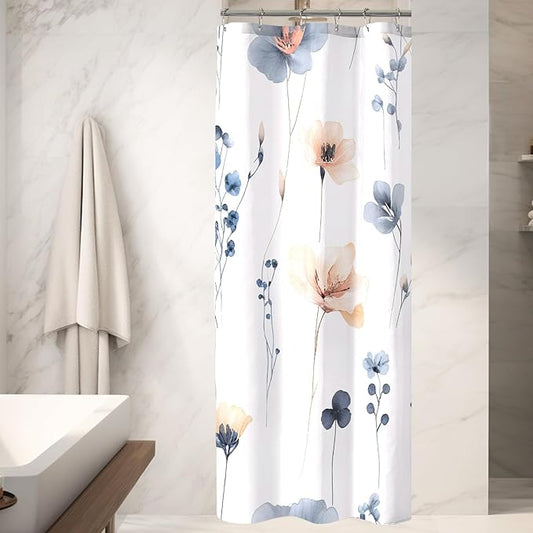 Blue Beige Floral Shower Curtain, Watercolor Flower Shower Curtains for Bathroom, Modern Minimalist Waterproof Fabric Bath Decoration 36x72 Inch