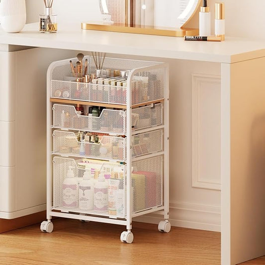 Makeup Cart Organizer with 3 Drawers, Under Desk Storage Drawers,Floor Skincare & Makeup Organizer, Vanity Storage for Cosmetics, Nail Polish, Perfume, Makeup Brushes, Hair Tools, White
