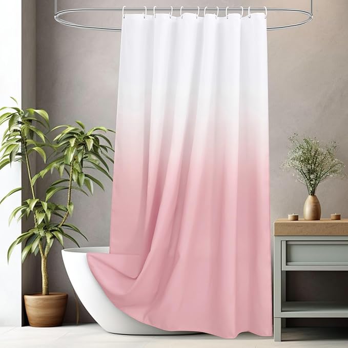AooHome Fabric Shower Curtains, Cloth Ombre Pink Shower Curtain Sets, Washable Fabric Pink and White Shower Curtain, Rustic Farmhouse Bathroom Shower Curtains, 72x78 Inches