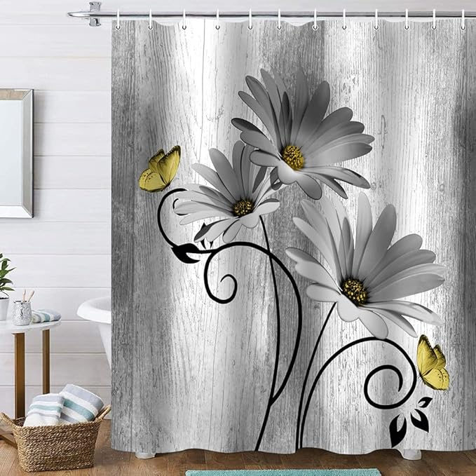 Onalasyc 4PCS Grey Daisy Flowers Butterfly Shower Curtain Set with Shower Curtain and Carpet and Accessories, Waterproof Bathroom Shower Curtain Decorative Set with 12 pcs Hooks,71 x 71in