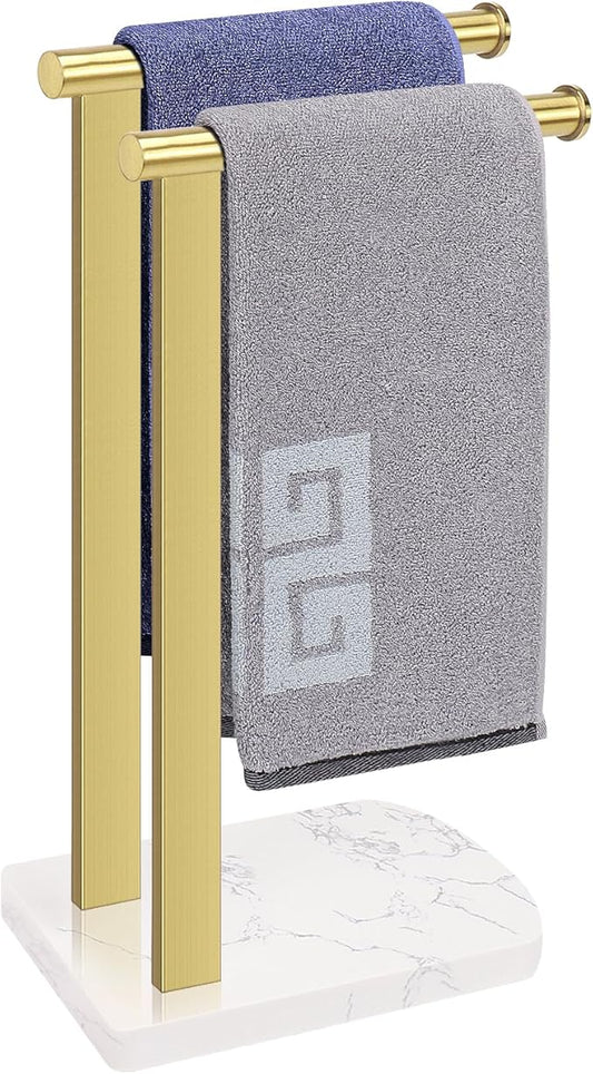 NearMoon Hand Towel Holder with Balanced Marble Base, SUS304 Stainless Steel Stand Towel Ring L Shape Hand Towel Rack Free-Standing Towel Bar for Bathroom Kitchen Countertop (Double Rod, Brushed Gold)