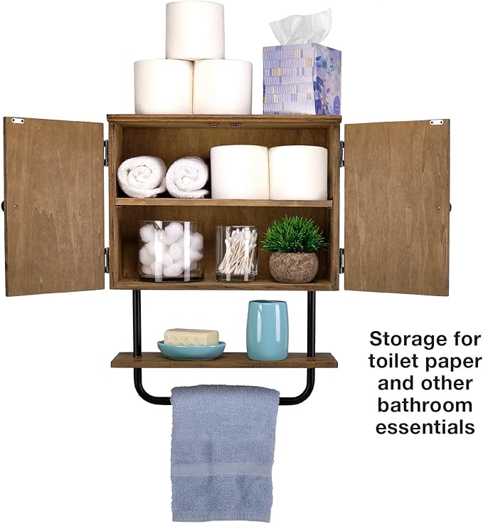 EXCELLO GLOBAL PRODUCTS 17x21'' Barndoor Bathroom Wall Cabinet, Space Saver Storage Cabinet Kitchen Medicine Cabinet with Adjustable Shelf and Towel Bar, Brown