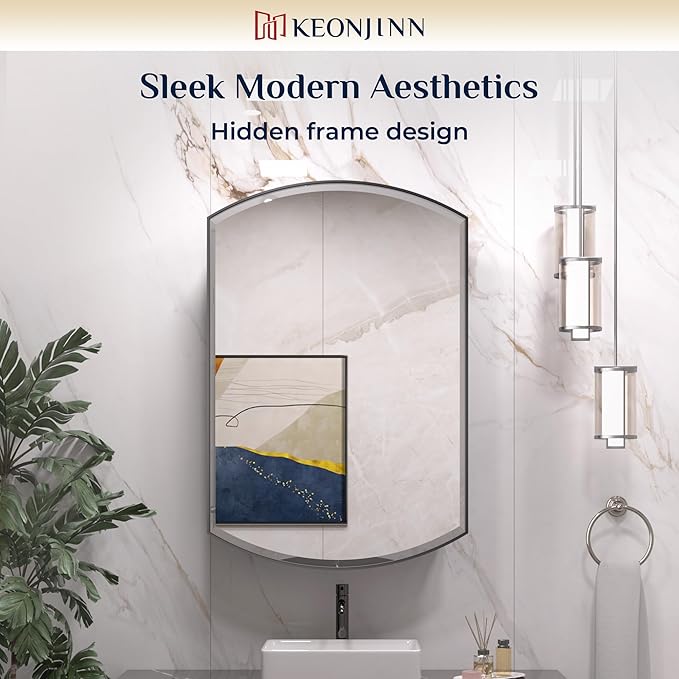 Keonjinn Black Medicine Cabinet 16 x 26 Inch, Surface Mount or Recessed Bathroom Cabinets with Mirrors, Metal Framed Wall Mirror with Storage, 2 Adjustable Shelves, Beveled Edge Mirror