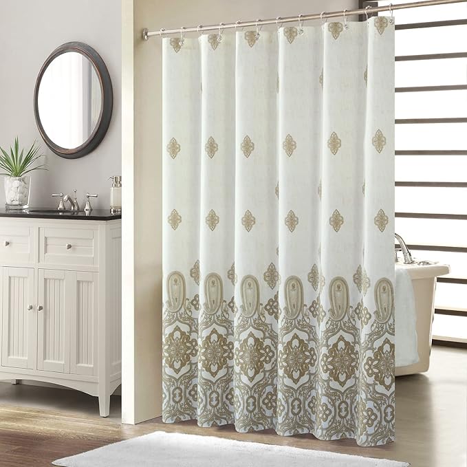 Fabric Shower Curtain, Beige and Tan Printed Ombre Boho Paisley Damask Pattern Shower Curtains for Bathroom, Waterproof Bathroom Curtains, 72" W x 72" H