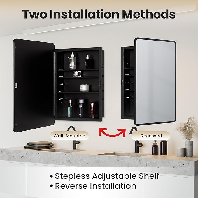 16x24 inch Medicine Cabinet with Mirror, Black Recessed or Surface Wall Mount Bathroom Cabinets with Adjustable Shelves and Metal Framed