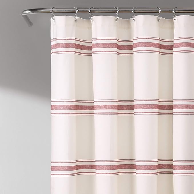 Lush Decor Farmhouse Stripe Cotton Shower Curtain, 72" W x 72" L, Red - Striped Bathroom Curtain - Fabric Shower Curtains - Farmhouse Bathroom Decor