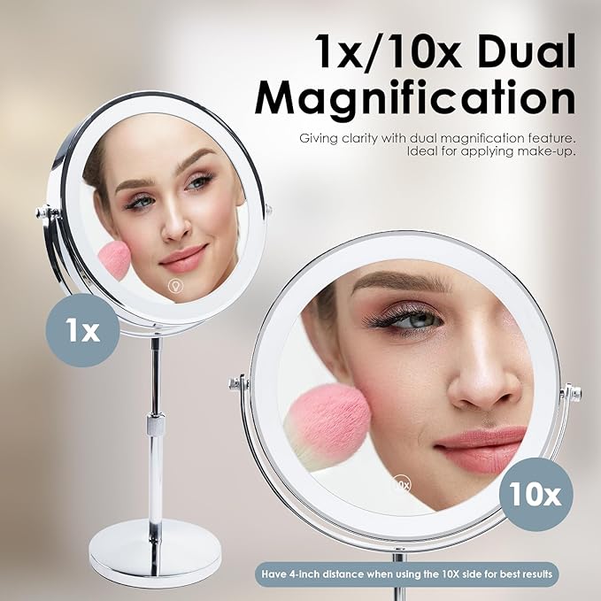 Magnifying Mirror with Light，1X/10X Double Sided Makeup Mirror with Lights and Magnification with Adjustable Height and 3 Colors Vanity Mirror with Lights for Vanity or Bathroom