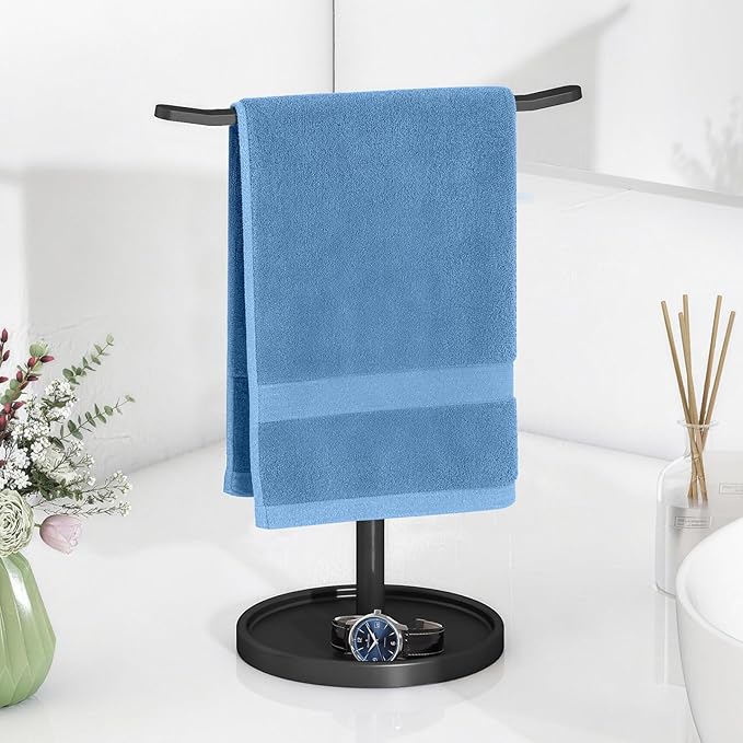 STWWO Hand Towel Holder, Stainless Steel Towel Holder Stand for Bathroom, Kitchen Countertop, T-Shaped Hand Towel Rack Stand, Black