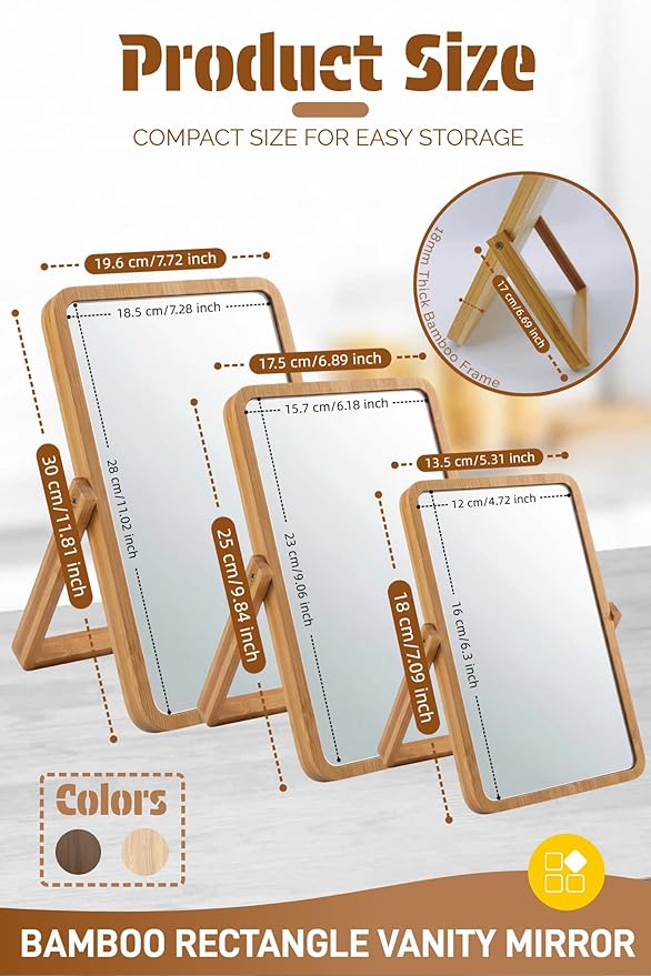 Tumecos Folding Bamboo Vanity Mirror, Tabletop Makeup Mirror, Adjustable HD Rectangle Mirror with Sturdy Stand, Natural Bamboo Frame for Bathroom, Bedroom, Dressing Room,Gift,M
