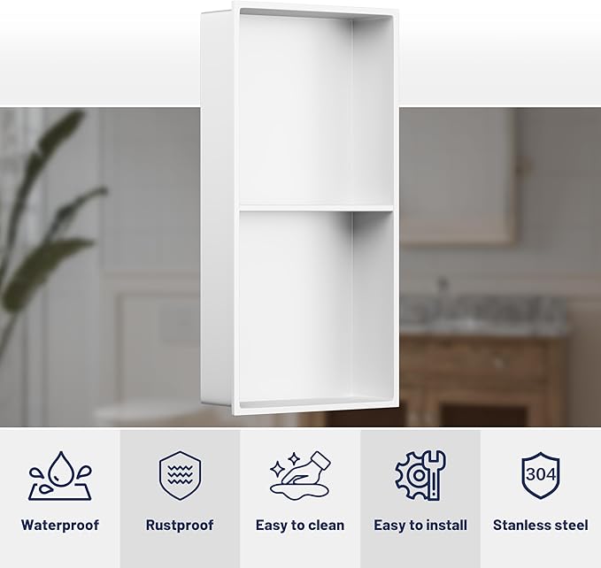 Stainless Steel Shower Niche 24" X 12" No Tile Needed Niche Shower with Two-Tier Recessed Wall Niches Insert for Bathroom Kitchen Storage, White