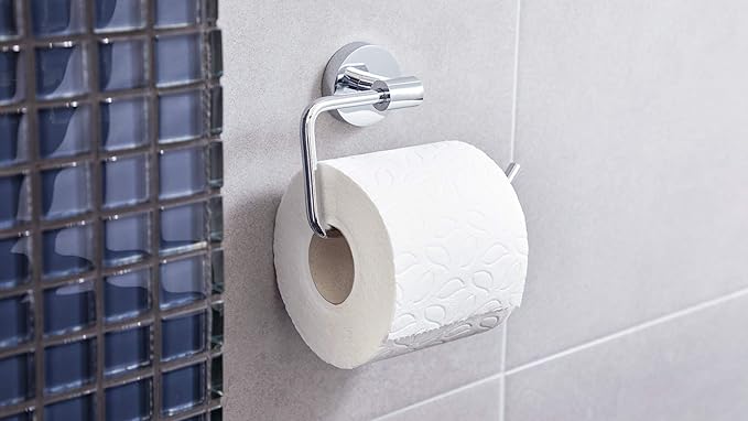 tesa EXXCELLENT Toilet Paper Holder Without Cover - self-Adhesive Paper Hanger - Design, Chrome Metal - 99 mm x 160 mm x 45 mm