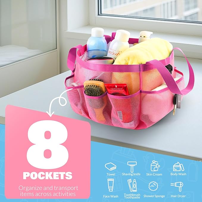 LOYEE Mesh Shower Caddy Portable for College Dorm Room Essentials with 8 Pockets, Shower Bag for Beach, Swimming, Gym, Travel, Bathroom(All rose pink)