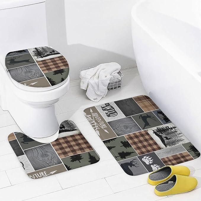 Retro Cabin Bear Deer Shower Curtain Sets with Rugs 4 Piece Accessories Bathroom Curtains Shower Set Include Shower Curtain Non-Slip Rug Toilet Lid Cover Bath Mat One Size