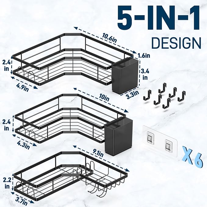 Sitlais Corner Shower Caddy – 5-Pack Rustproof Metal Wall Mounted Shelves with 2 Storage Boxes & 18 Hooks, Adhesive Shower Organizer, Bathroom Corner Shelf, No-Drill, Space-Saving, Durable Black
