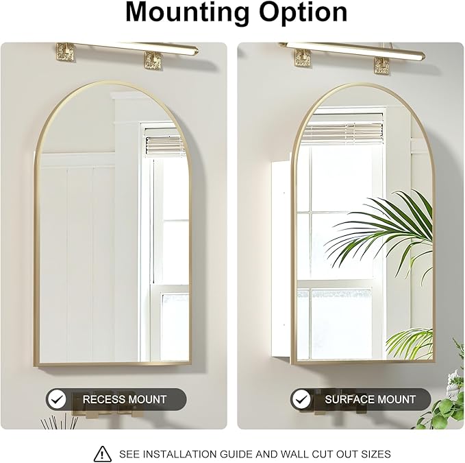 Recessed Medicine Cabinet Mirror,Brushed Gold Arched Medicine Cabinet with Mirror for Bathroom,Metal Edge Mirrored Medicine Cabinets,in Wall Arch Mirrored Cabinets with Storage 16x26 in