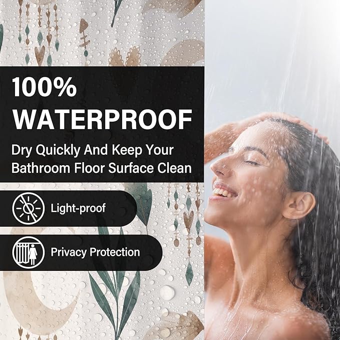 Bohemian Shower Curtains 72x72 Inch,Aesthetic Modern Boho Bathroom Curtain with Leaves and Moon, Neutral Waterproof Polyester Fabric Bath Curtain for Home Bathroom Decor
