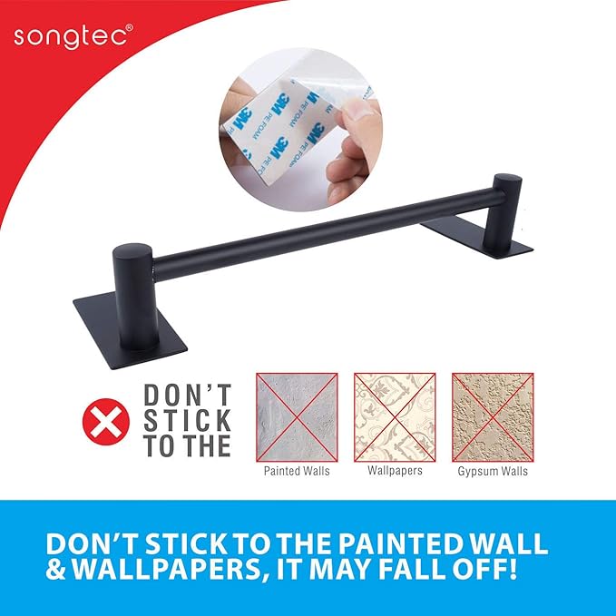 Adhesive Black Towel Bar 9-inch, Stick On Bath Towel Rack, Hand Towel Holders, No Drilling on Wall - Black