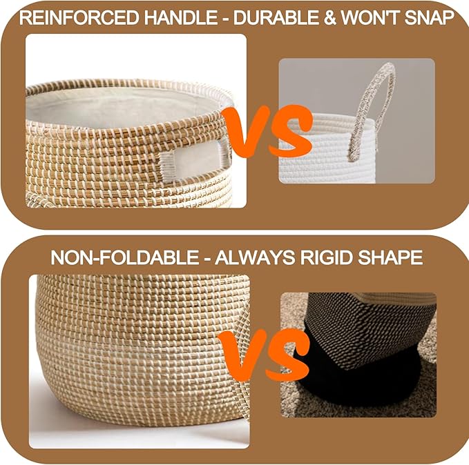 Laundry Hamper(2 Pices) with Lid Handles 14.96Gal & 7.43Gal Seagrass Laundry Hamper Round Decorative Basket Handwoven Rattan Storage Basket with Removable Liner for LivingRoom Bedroom Bathroom