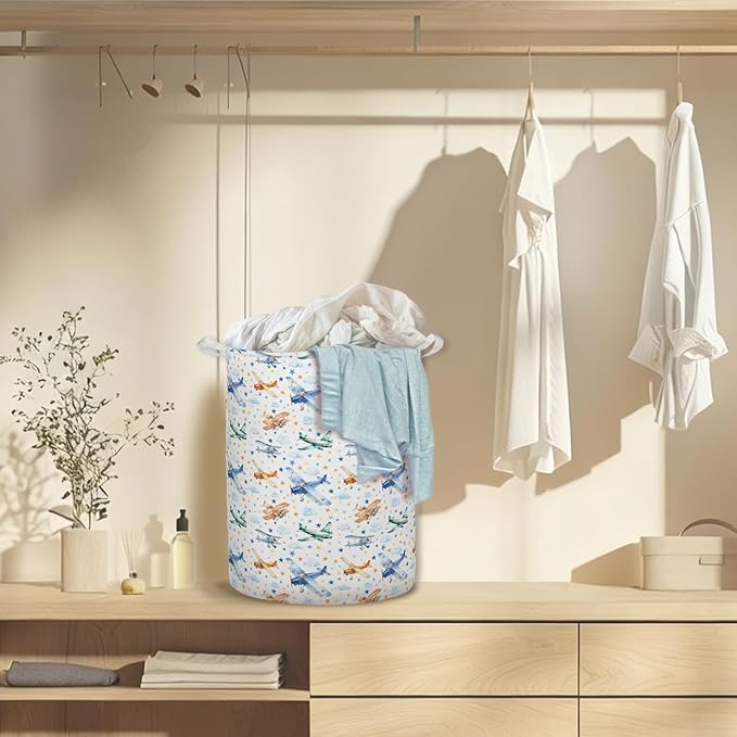 Retro Airplane Nursery Laundry Basket Hamper, Airplane Decor for Boys Room, Space Star Cloud Foldable Clothes Toys Books Storage Box Bins Baskets Organizer for Boys Kids Room Playroom