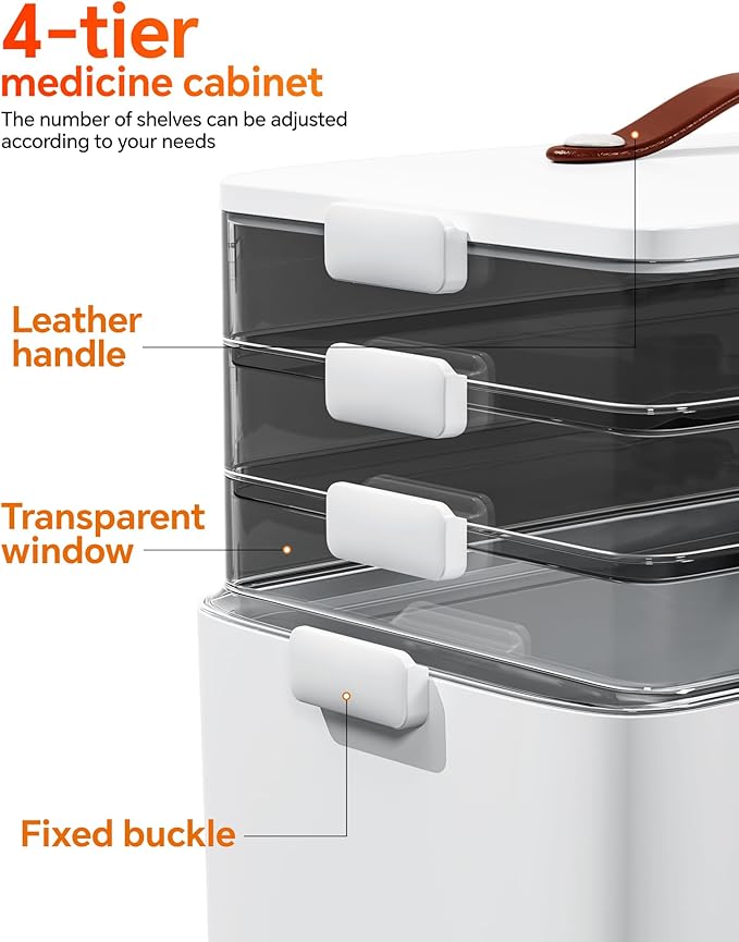 Large Medicine Cabinet Organizer with Tall Bottle Storage Bin & 7-Day Pill Box, 4-Tier Medicine Storage Organizer, Family First Aid Box Empty for Home(4C Medicine Box + Fabric Set)