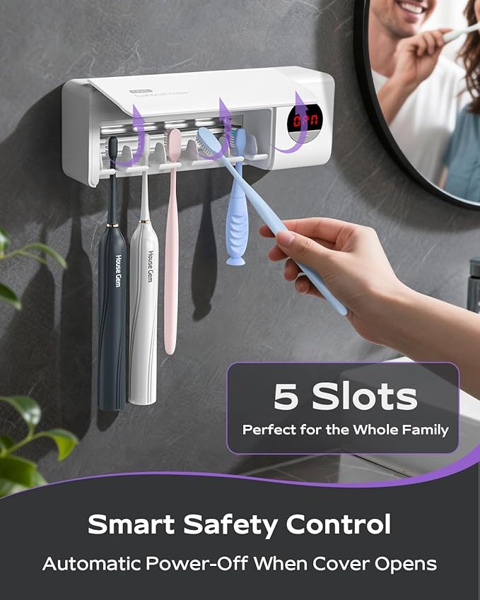 HouseGem Toothbrush Holder, Timer Function, 2000mAh Rechargeable Cordless Wall-Mounted Bathroom (White)