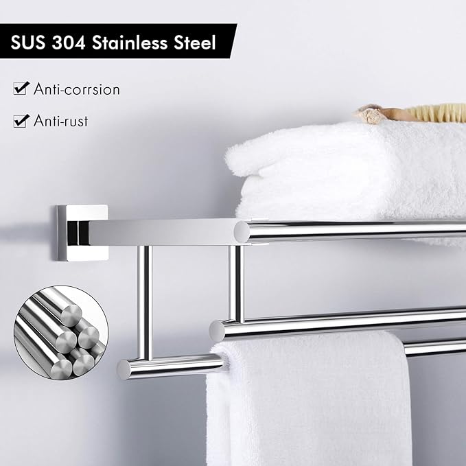 KES Large Towel Rack, Towel Shelf with Two Bar (29.37Inch Stainless Steel) Shower Organizer Modern Square Style Wall Mount Polished Finish, A2112S75