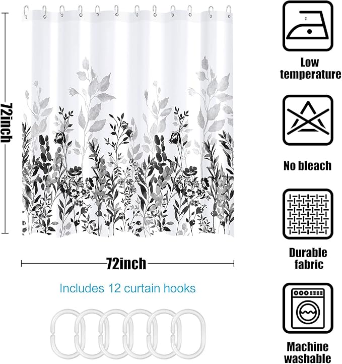 Neasow Black and Grey Shower Curtain, Watercolor Floral Bathroom Curtain Black and White Shower Curtains 72×72 inches