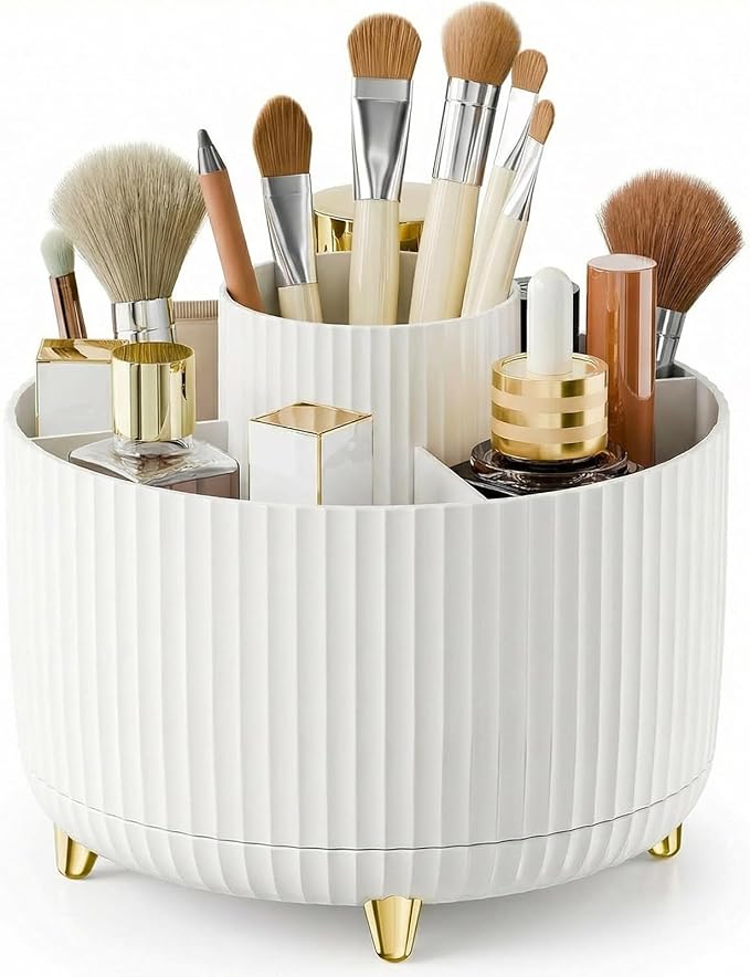 360?? Rotating Makeup Brush Holder with 5 Compartments ?€? Pure White ABS Cosmetic Organizer for Vanity, Bathroom, Desktop | Non-Slip Base, Space-Saving Design | Perfect Bridal Shower Gift