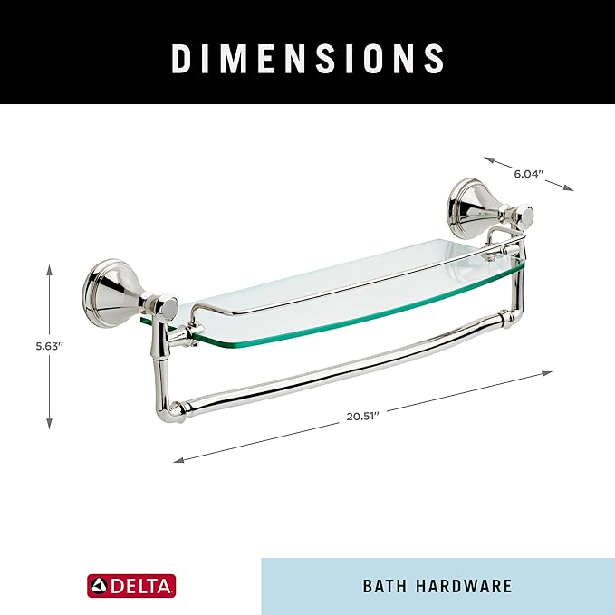DELTA Cassidy 18 inch Glass Shelf With Towel Bar, Polished Nickel, Bathroom Accessories, 79710-PN