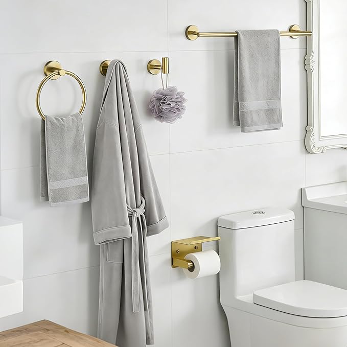 5-Pieces Wall Mount Bathroom Accessories Bathroom Hardware Set,22 Inch Stainless Steel Waterproof Towel Bars,Toilet Paper Holder with Shelf,Towel Ring,Coat Hook (Brushed Gold 5PC - Round)