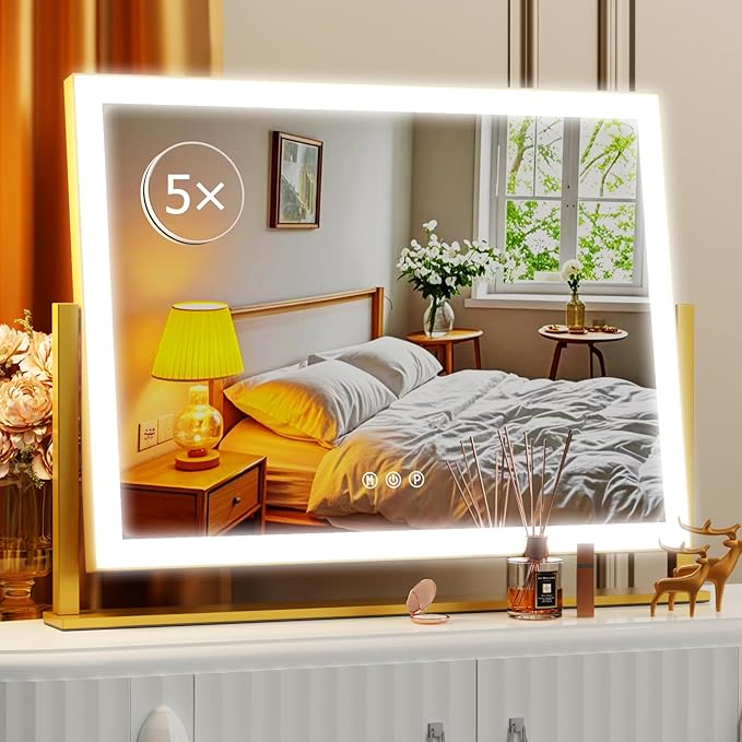 Gvnkvn Lighted Makeup Mirror, 17.3"x13" Hollywood Vanity Mirror with Lights, Three Color Lighting Modes, and 5X Magnification Mirror, Smart Touch Control, 360°Rotation (Gold, Gift Box)