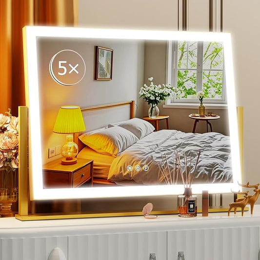 Gvnkvn Lighted Makeup Mirror, 17.3"x13" Hollywood Vanity Mirror with Lights, Three Color Lighting Modes, and 5X Magnification Mirror, Smart Touch Control, 360°Rotation (Gold, Gift Box)