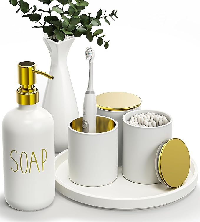 White Bathroom Accessories Set with Tray, 6pcs White and Gold Bathroom Accessory Sets, Glass Soap Dispenser and Toothbrush Holder Set, Qtip Holder, Ceramic Flower Vase, Bathroom Set Decor