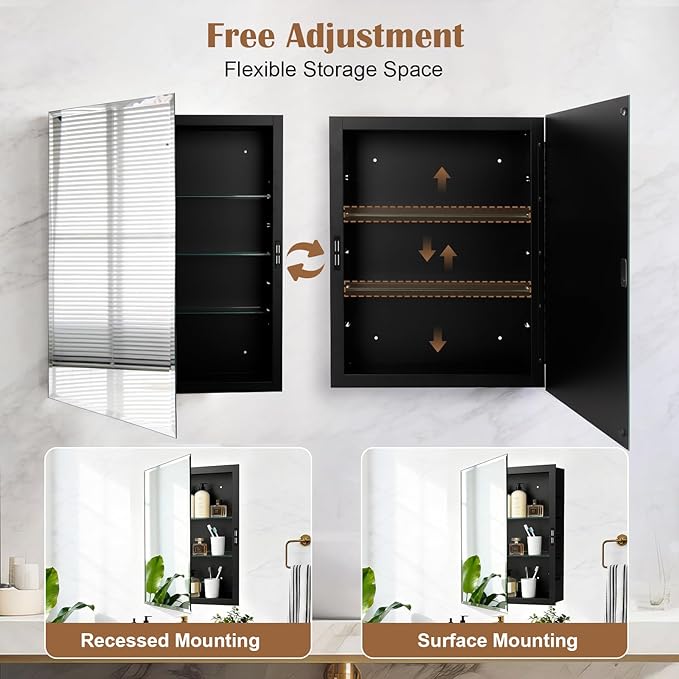 16x20'' Bathroom Medicine Cabinet Mirror with Storage, Surface Mount or Recessed Medicine Cabinet with 3-Tiered Adjustable Tempered Glass Shelves