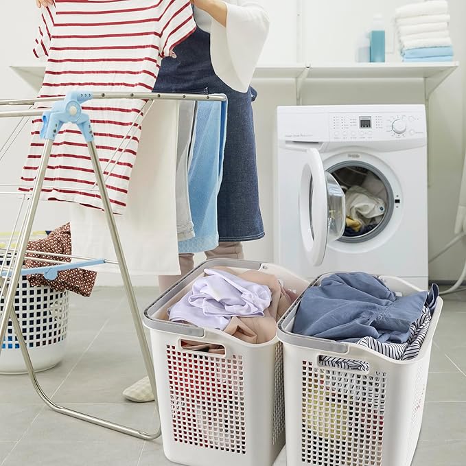 4 Packs 42 L Plastic Laundry Hampers with Handles, Plastic Storage Baskets, White