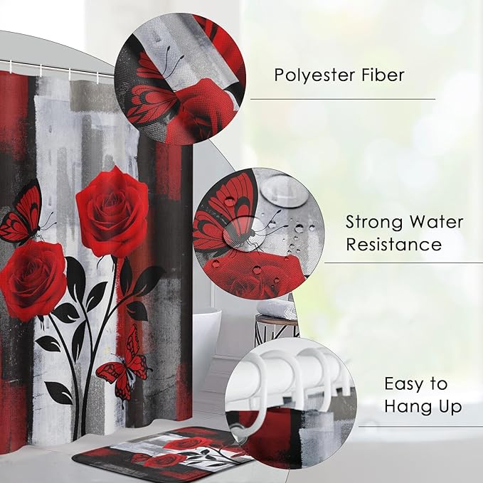Pamnest 4 Pcs Shower Curtain Sets, Red Rose Flower Summer Grey Abstract Waterproof Bathroom Sets with Non-Slip Rugs, Toilet Lid Cover and Bath Mat, Accessories Modern Home Bathroom Decor 72" X 72"