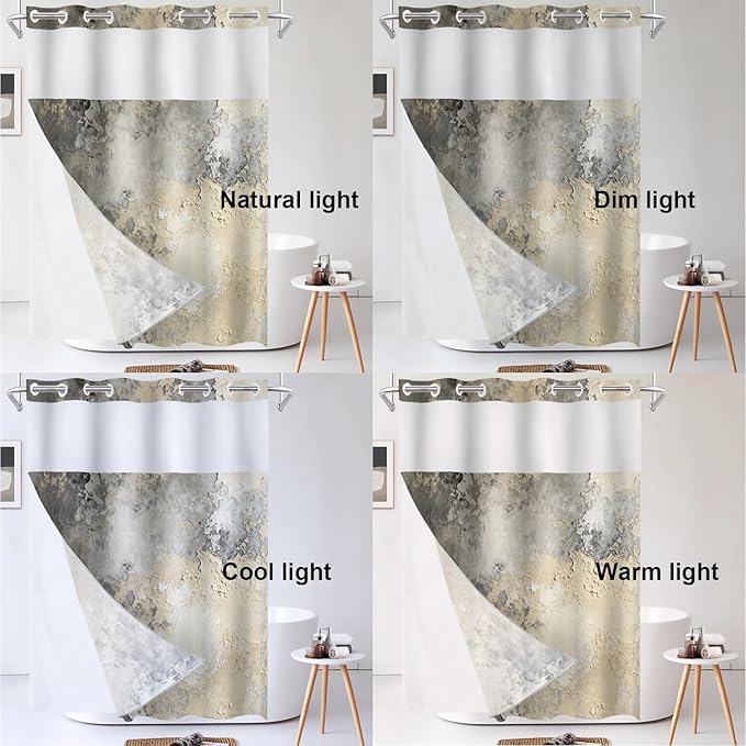 Shrahala Taupe Squares Texture No Hooks Shower Curtain with Snap in Liner Set, Grey and Beige Art Painting Bathroom Décor Polyester Fiber Waterproof for Stall Bathtubs 54 X 80 in