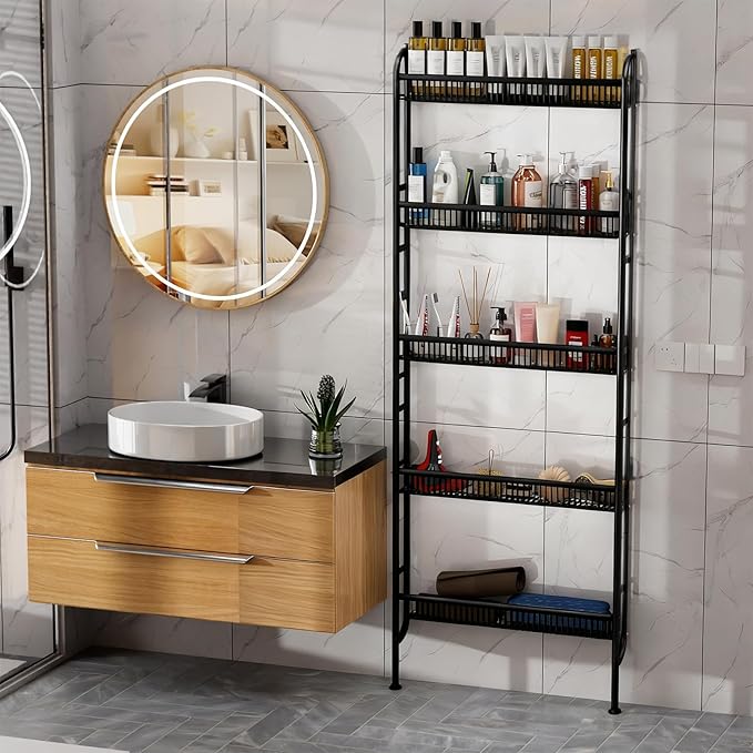NECHEGE Slim Shelf Behind Door Storage Rack, 5-Tier Multi-Purpose Space-Saving Organizer for Bathroom, Kitchen, Living Room-Sturdy Metal Bookshelf for Narrow Spaces