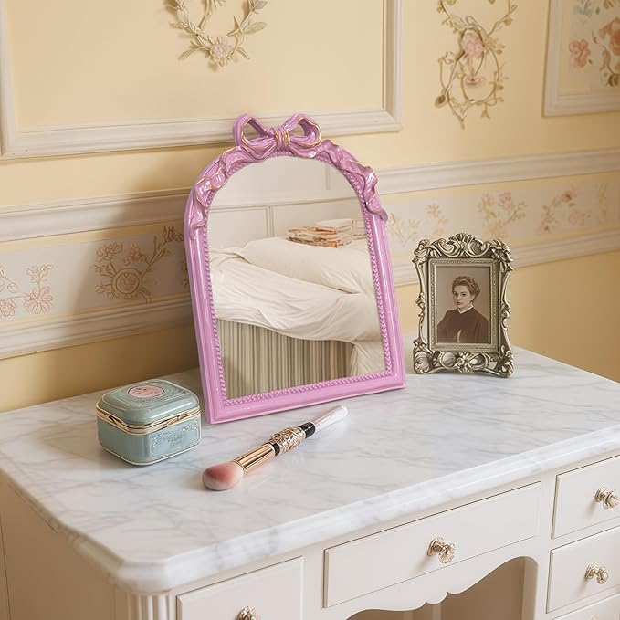 Pink Bow Mirror - 13x10 Inch Perfect Elegant Decorative Accent, Wall-Mounted Tabletop Makeup Mirror for Nursery Baby Room Bedroom Decor