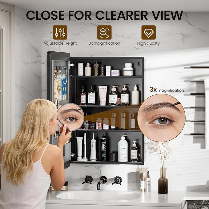 Medicine Cabinet with Mirror, 20x30 Inch Aluminum Bathroom Cabinet with Adjustable Shelves, Built-in Makeup Storage, Recessed or Surface Mount, Soft Close Hinges, Matte Black