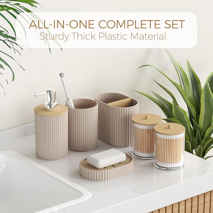 Bathroom Accessories Set - Unbreakable Beige Bathroom Set, Trash Can, Toilet Brush with Holder, Soap Dispenser, Toothbrush and Toothpaste Holder, Tumbler Cup, Soap Dish, Qtip Holder, Bamboo Decor