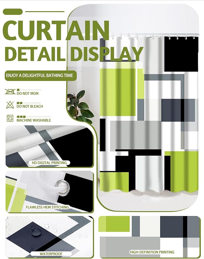 Lnond Green Bathroom Set, 22-Piece Green Black Geometry Bathroom Decor Set with with Shower Curtain and Rugs, Trash Can, Toilet Brush Holder Set & Soap Dispenser