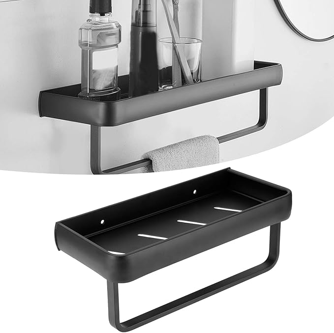 CDQL Bathroom Shelf, Space Aluminum, Wall Mounted, Hollow Storage Rack, Heavy Duty, Spacious Countertop Design Basket Organizer for Home (Single Layer with Pole)