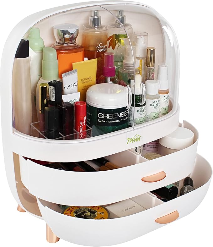 7Penn Large Makeup Organizer Storage Box - Portable Makeup and Skincare Organizer with Drawers, Large Capacity Makeup Organizer Case with Cosmetic Storage Drawers and Cover