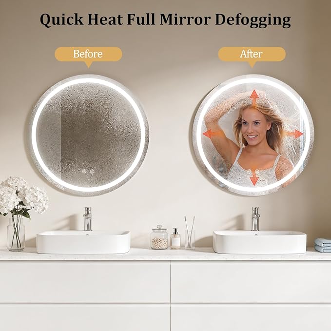 WallBeyond 24 in Round LED Medicine Cabinet with Mirror, Black Bathroom Cabinet with Storage, 3 Color Stepless Dimmable Lights, Anti-Fog, Memory Function, Hardwired, Surface Mount